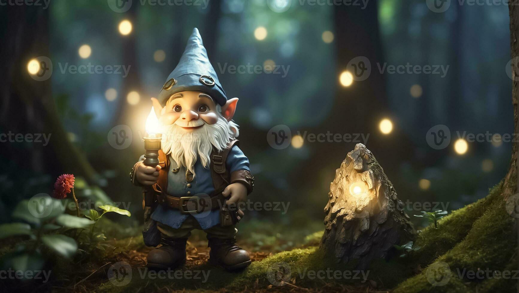 AI generated Cute funny cartoon gnome with a flashlight in the forest photo