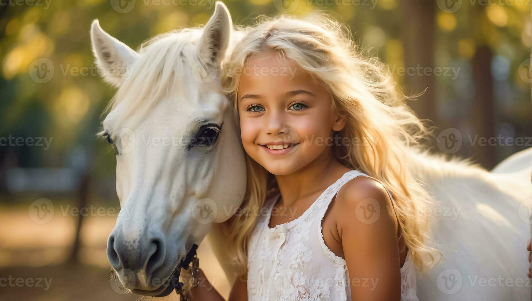 AI generated Portrait of a little girl with a horse in nature photo