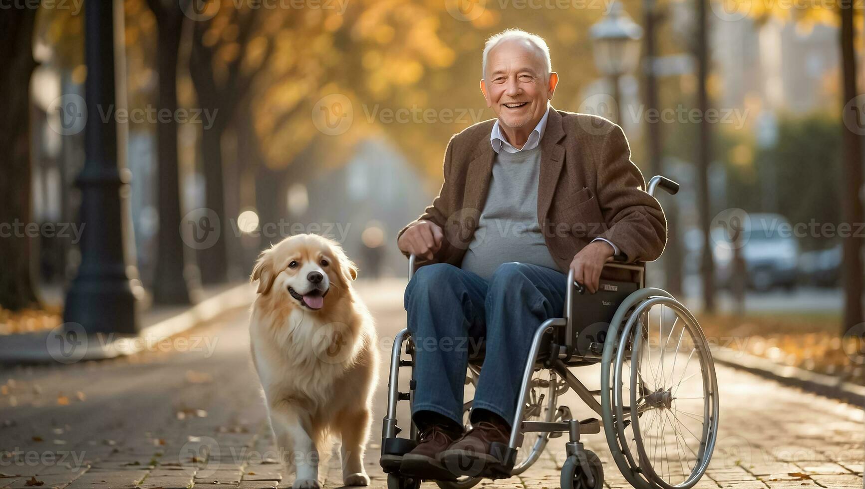 AI generated Elderly man in a wheelchair with a dog on the street photo