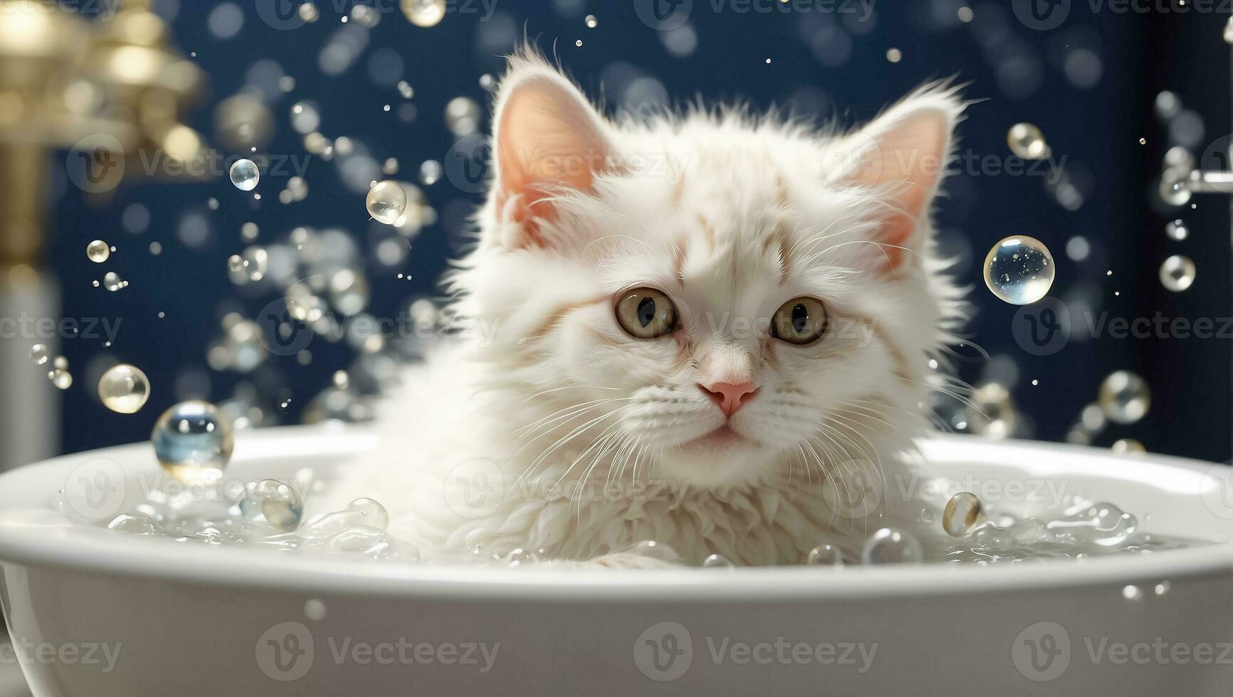 AI generated Cute funny cartoon cat bathes in a basin with soap bubbles photo