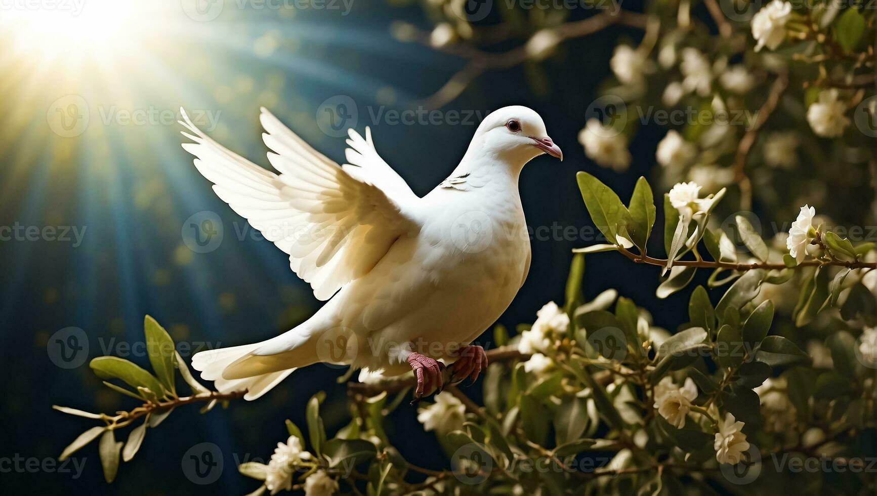 AI generated White dove on a background of a tree branch photo