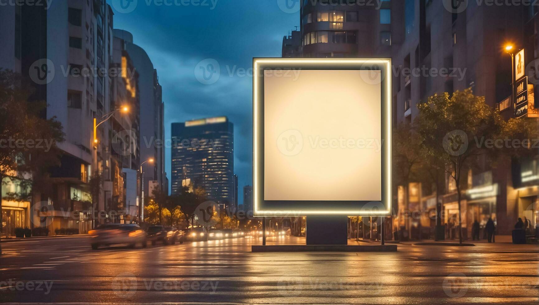 ai generado blanco publicidad bandera en el calle a noche foto