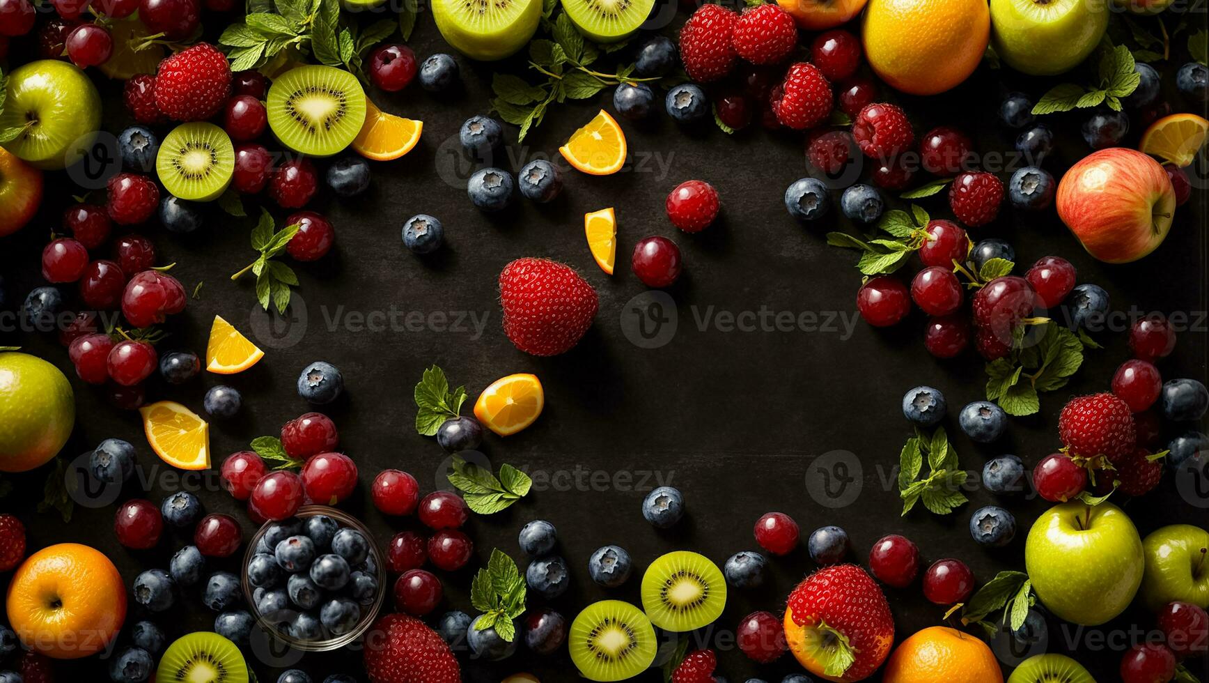 ai generado varios frutas y bayas en un oscuro antecedentes foto