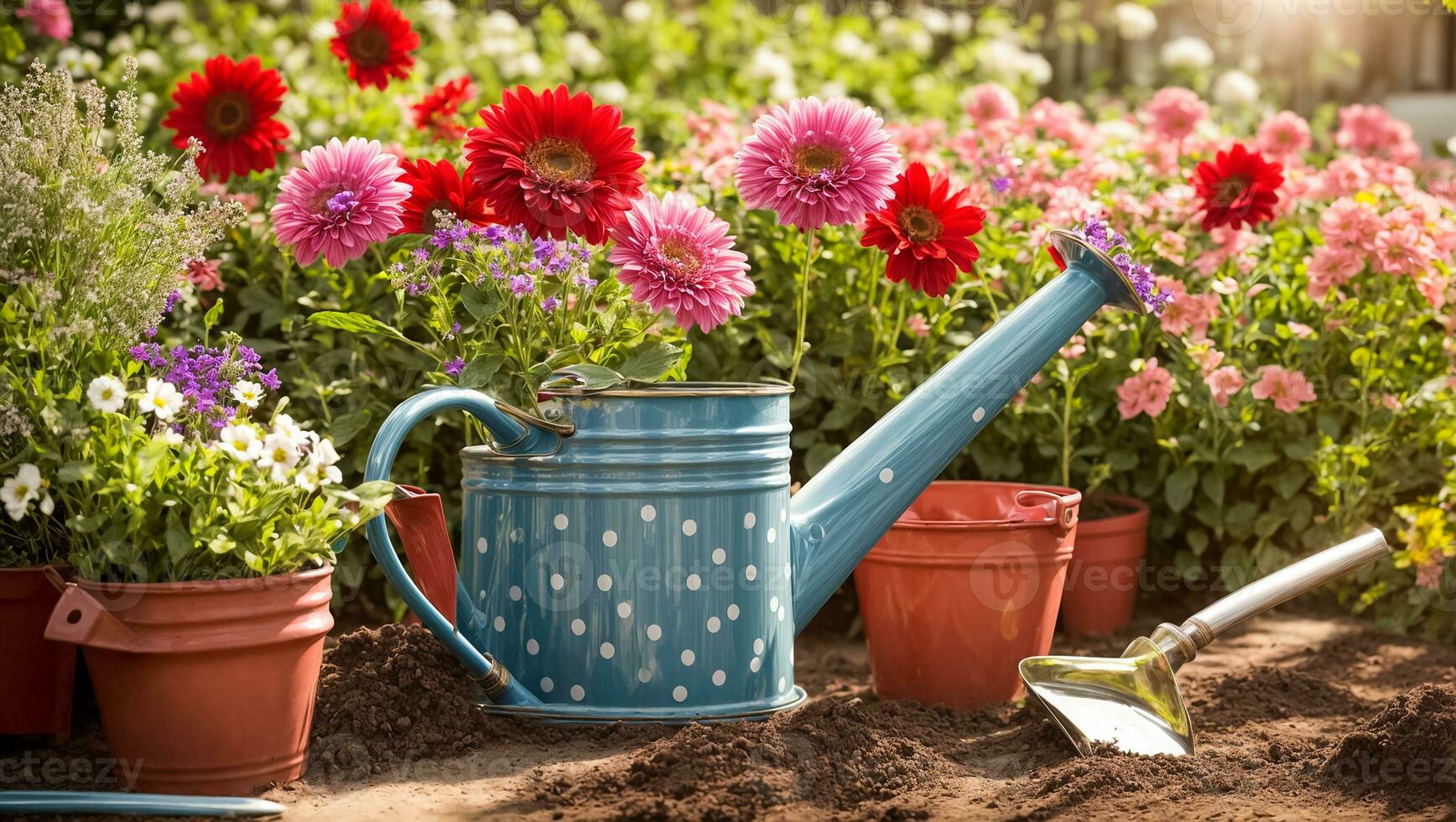 AI generated Colored watering can with flowers in the summer garden photo