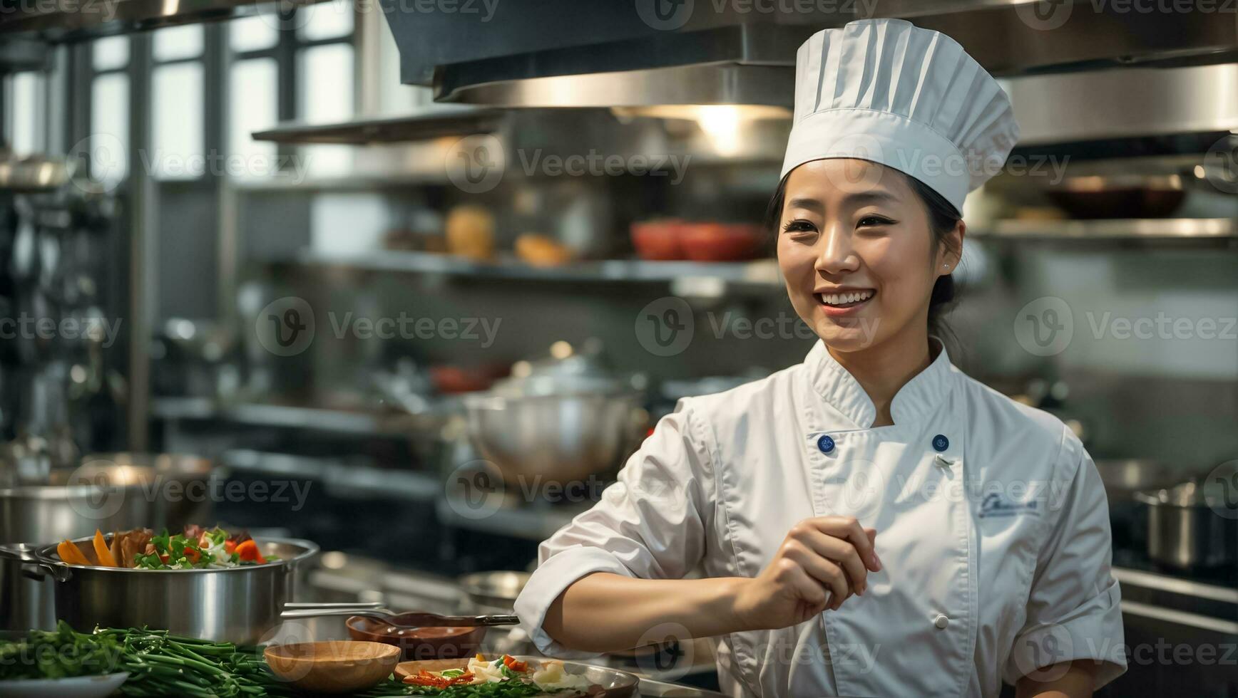ai generado contento asiático mujer cocinar en restaurante cocina foto