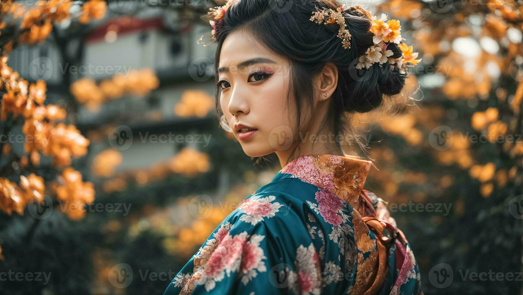 ai generado retrato de un hermosa japonés chica, flor foto