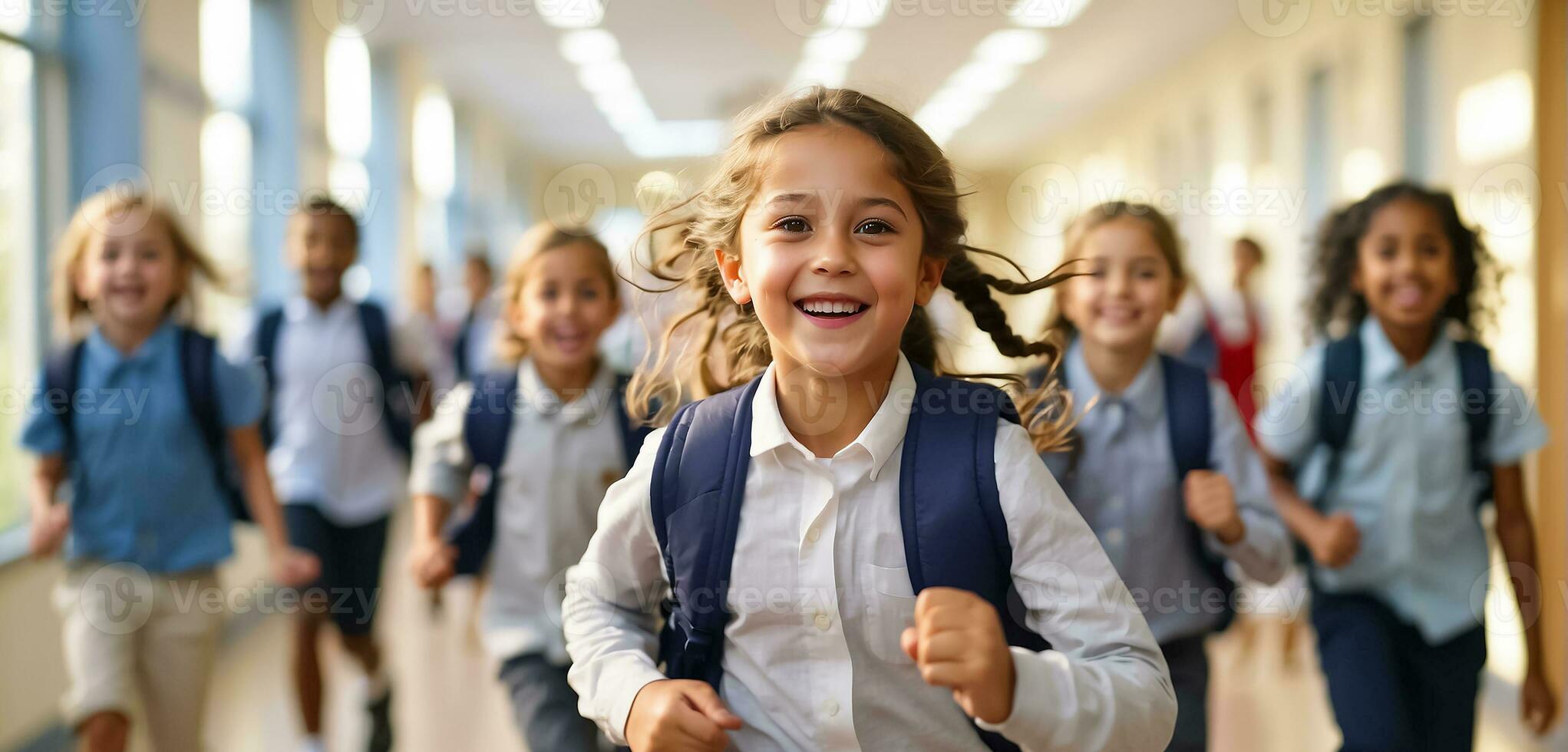 AI generated Happy schoolchildren running along the corridor photo