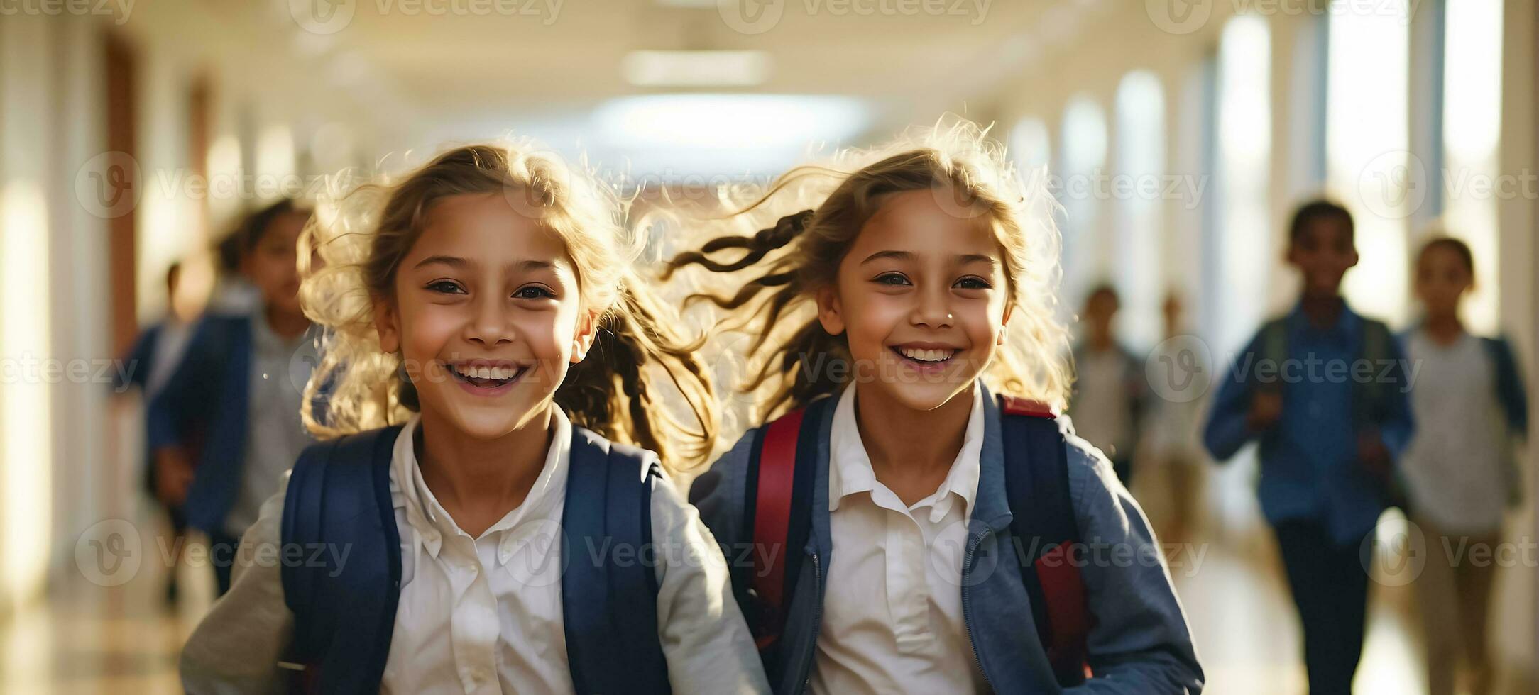 AI generated Happy schoolchildren running along the corridor photo