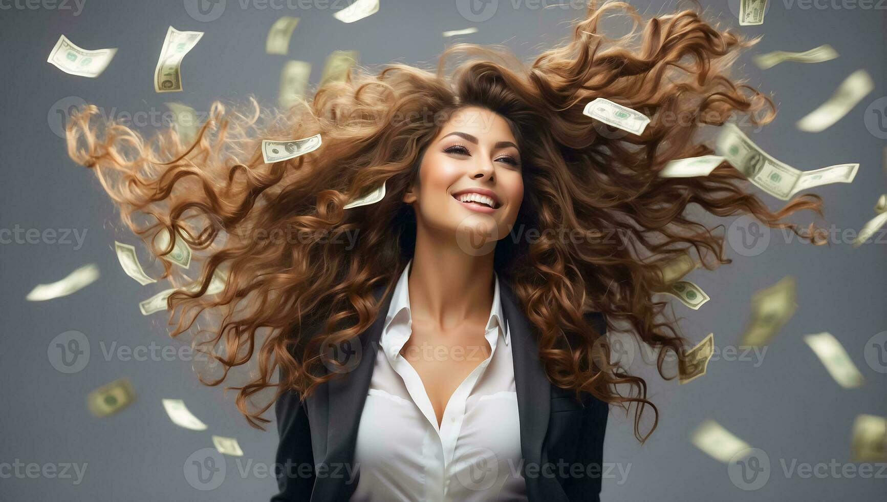 AI generated Happy beautiful girl falling dollars photo