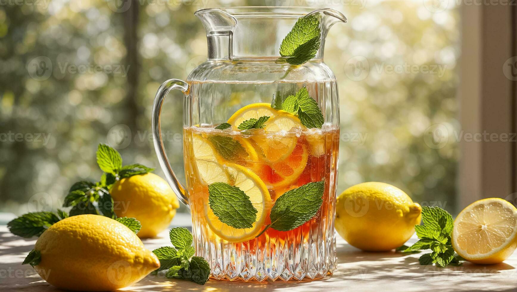 AI generated Cold tea with lemon and mint on the table in glass photo