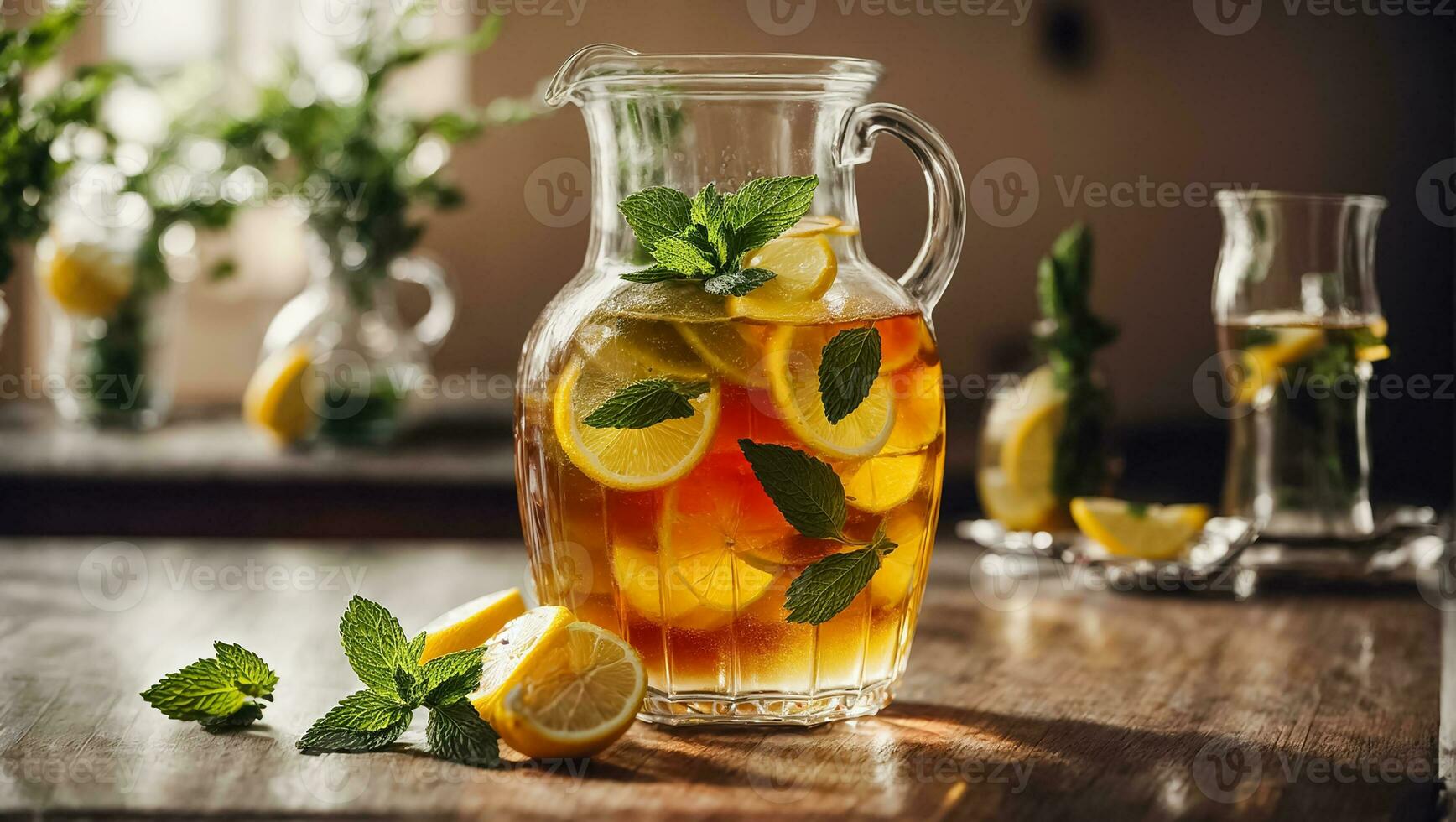 AI generated Cold tea with lemon and mint on the table in glass photo