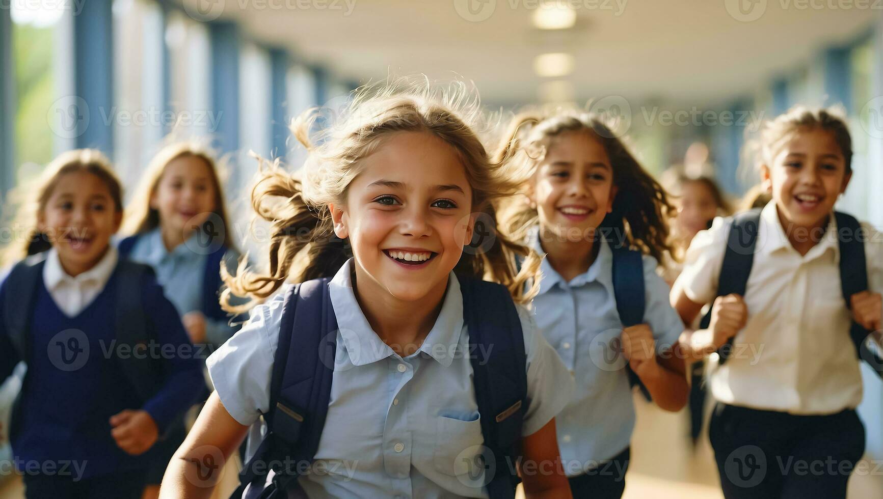 AI generated Happy schoolchildren running along the corridor photo