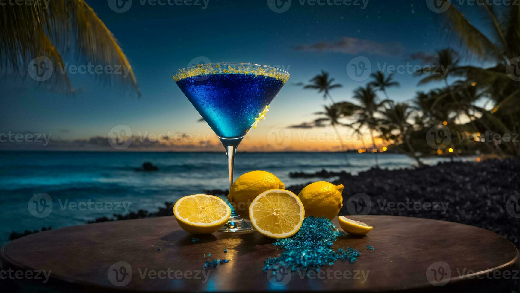 AI generated Blue cocktail in a beautiful glass, lemon, night against the sea photo