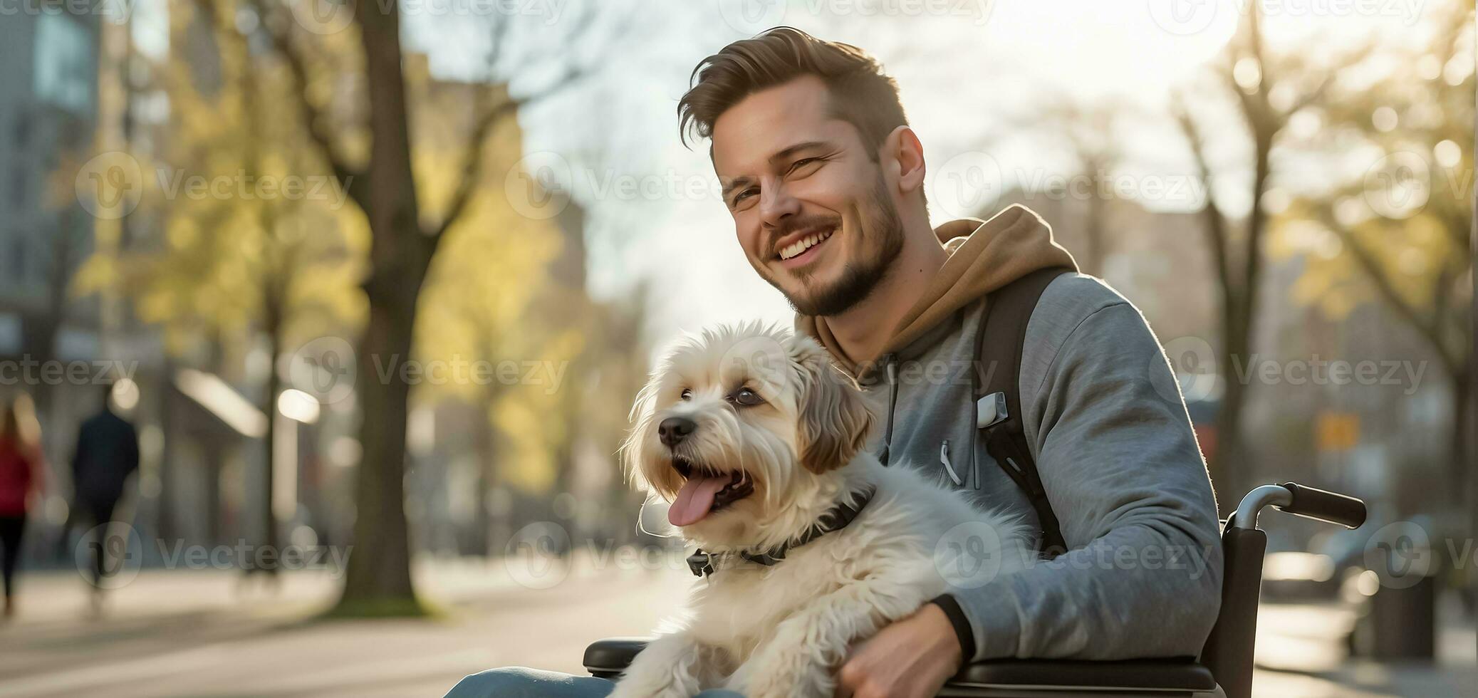 AI generated Man in a wheelchair with a dog on the street photo