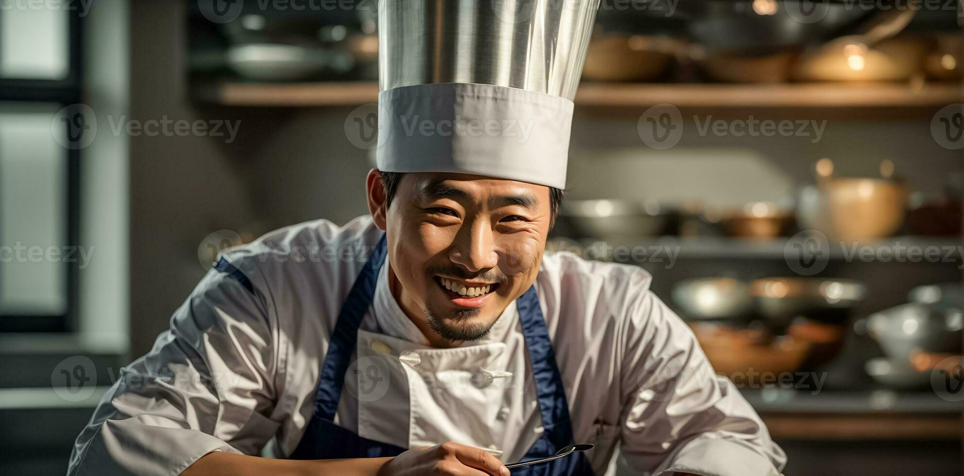 ai generado contento asiático masculino cocinar en cocina foto