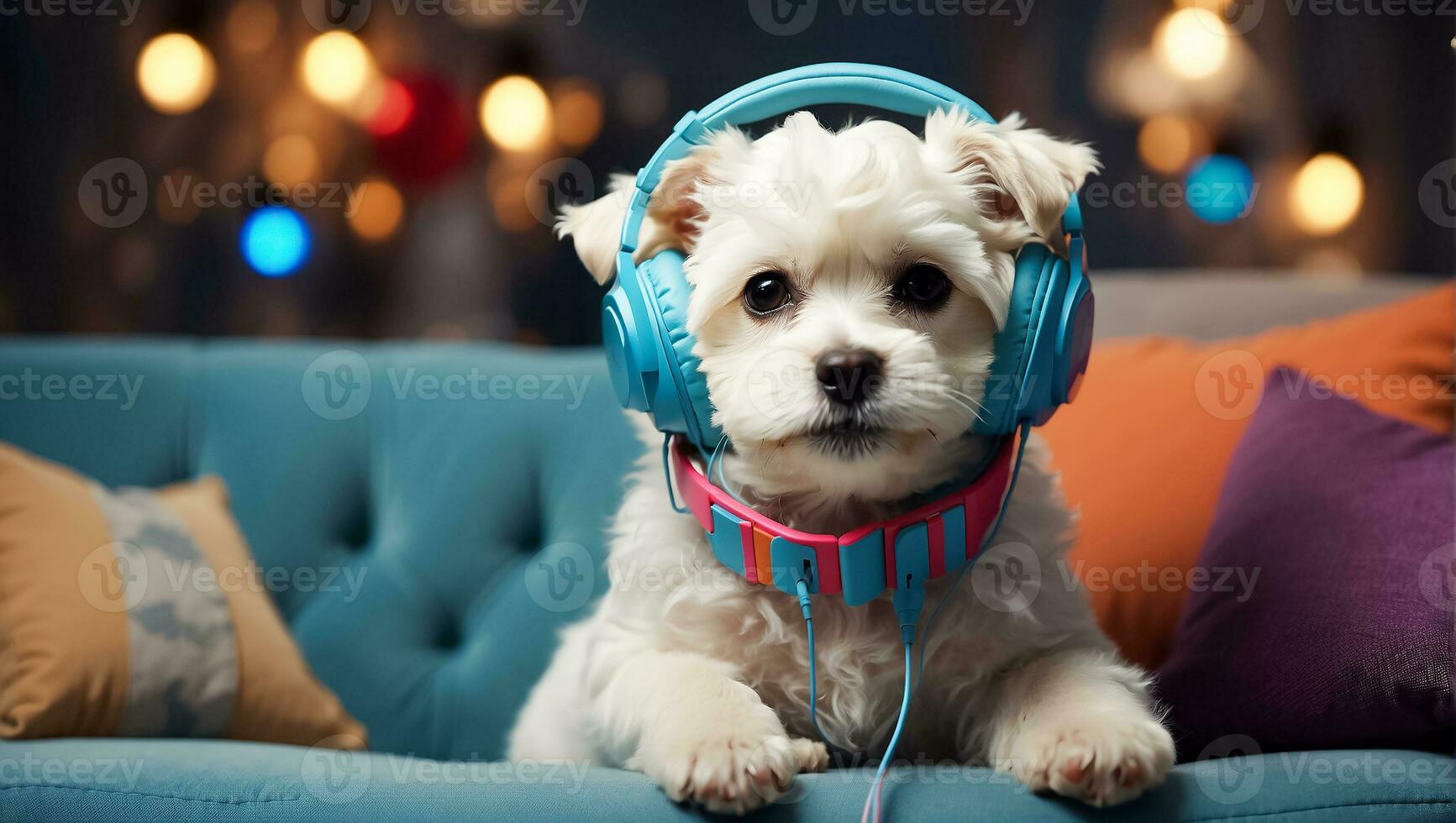 AI generated cute Maltese dog wearing headphones in the room photo