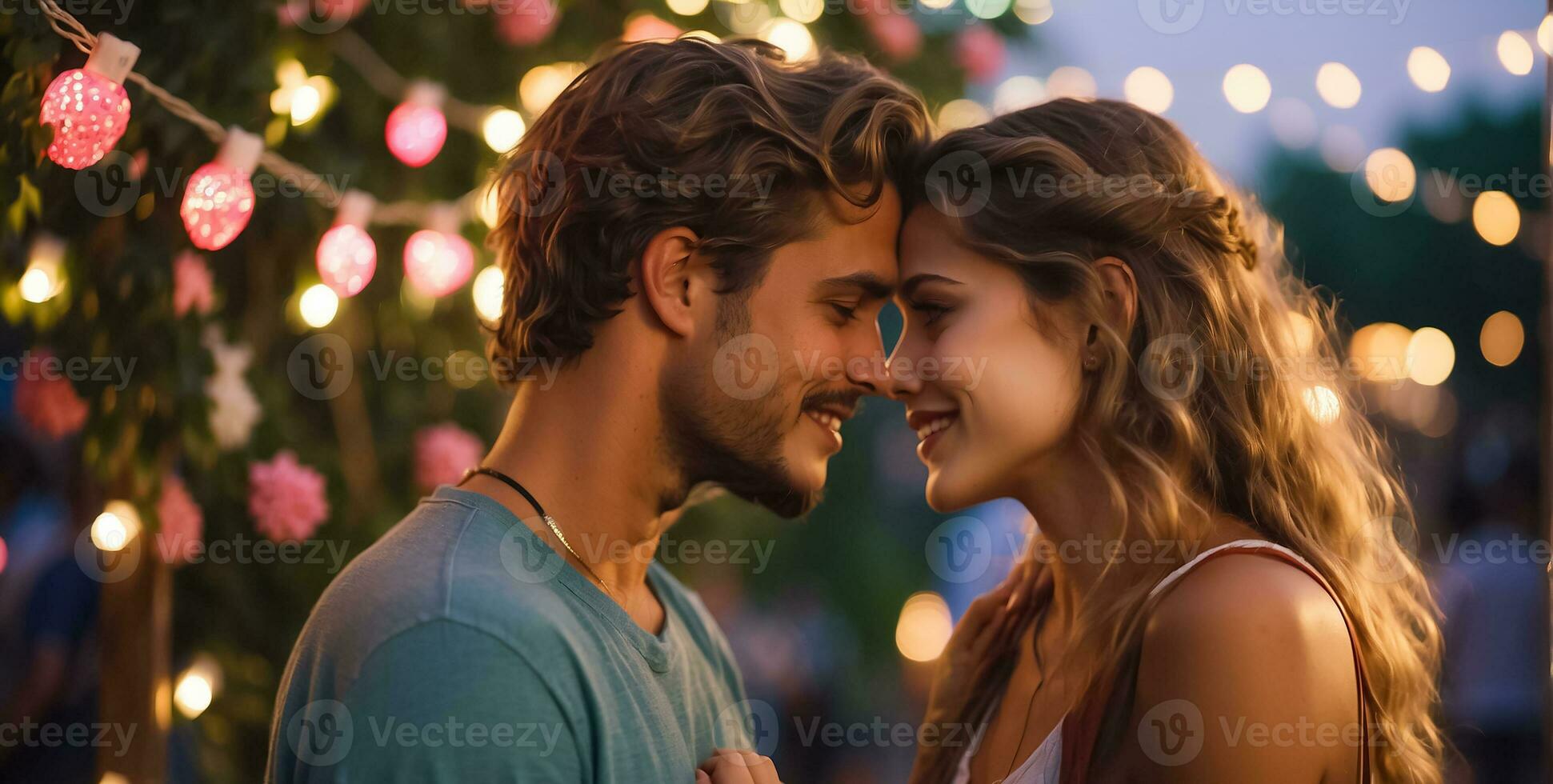 AI generated Couple in love, man and woman looking at each other on the street photo
