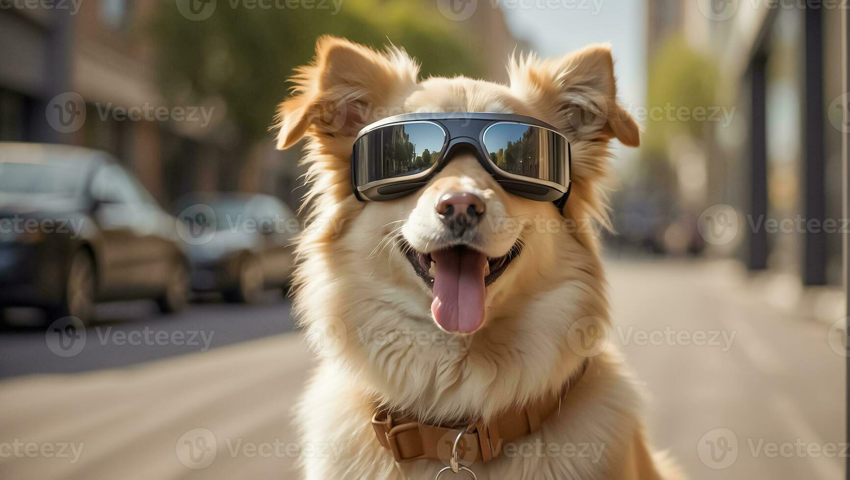 AI generated Cute dog wearing virtual reality glasses on the street photo