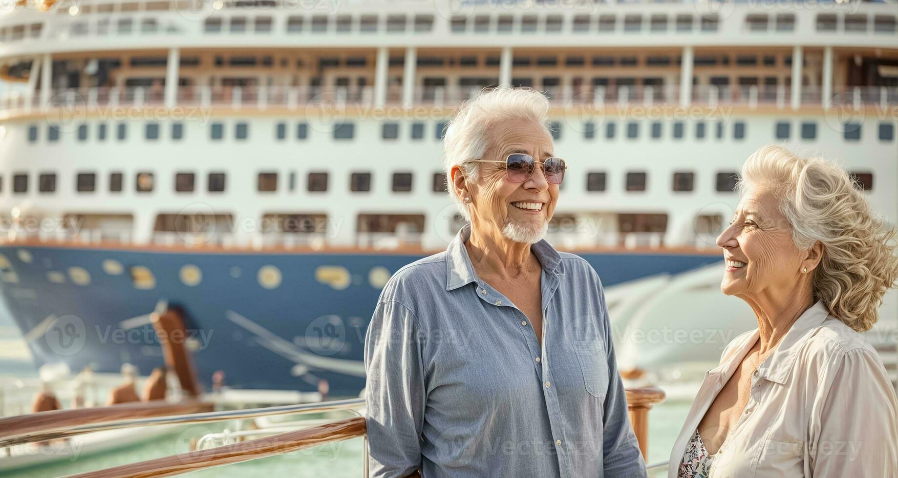 AI generated Happy elderly couple on the background of a ship photo