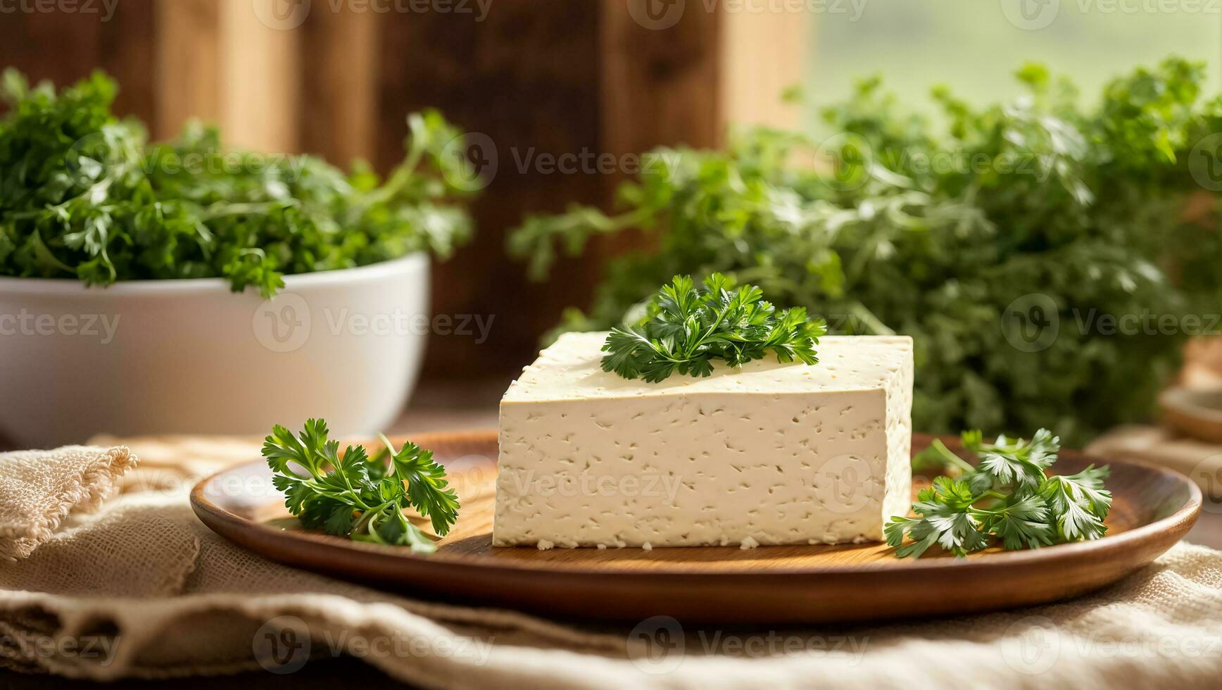 AI generated Fresh tofu cheese with parsley in the kitchen photo