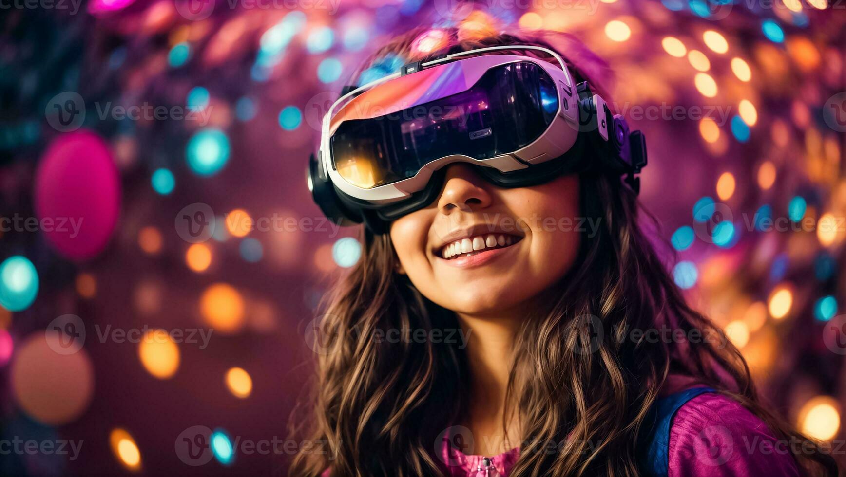 AI generated Little girl wearing virtual reality glasses photo