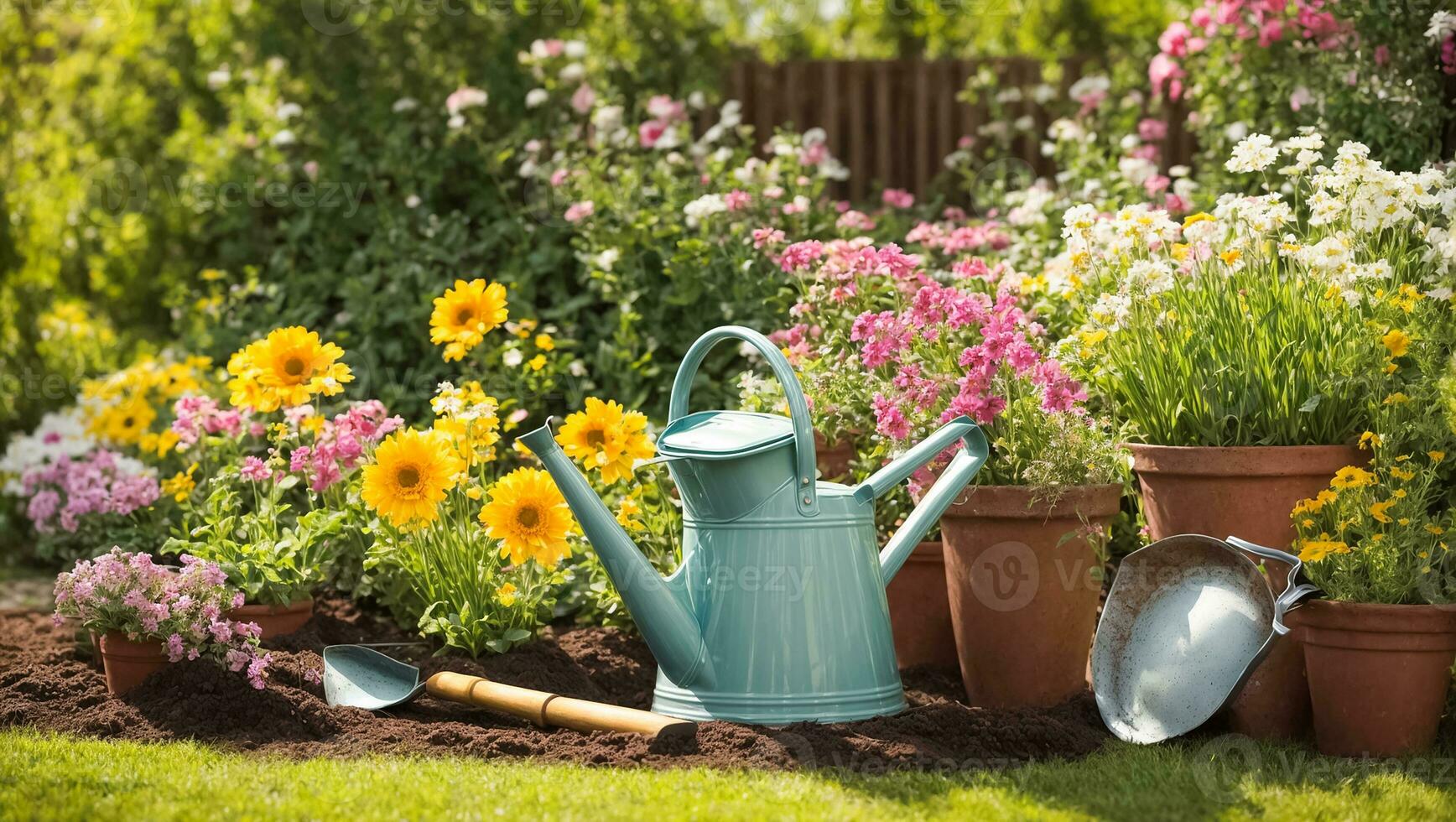 AI generated Colored watering can with flowers in the summer garden photo