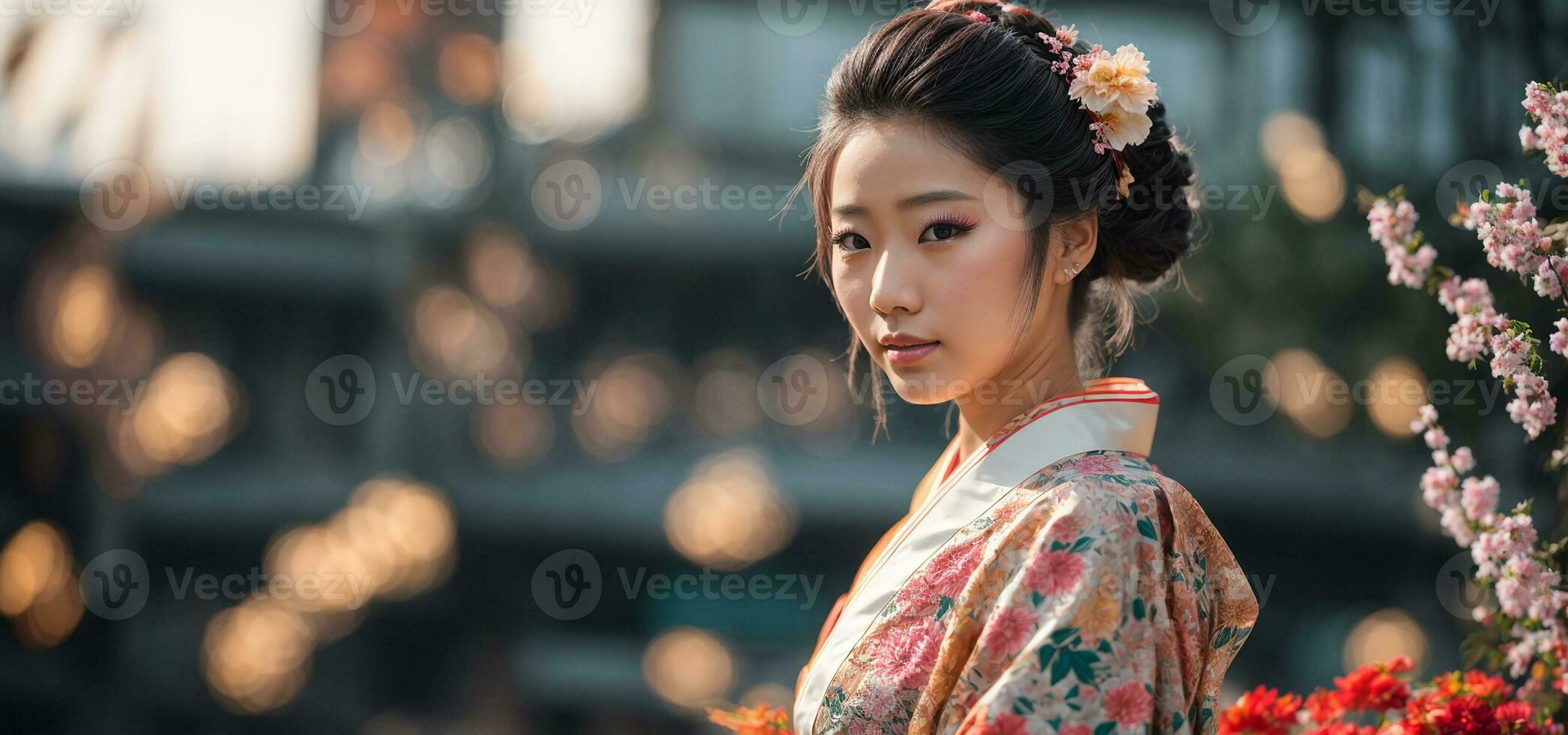 ai generado retrato de un hermosa japonés chica, flor foto