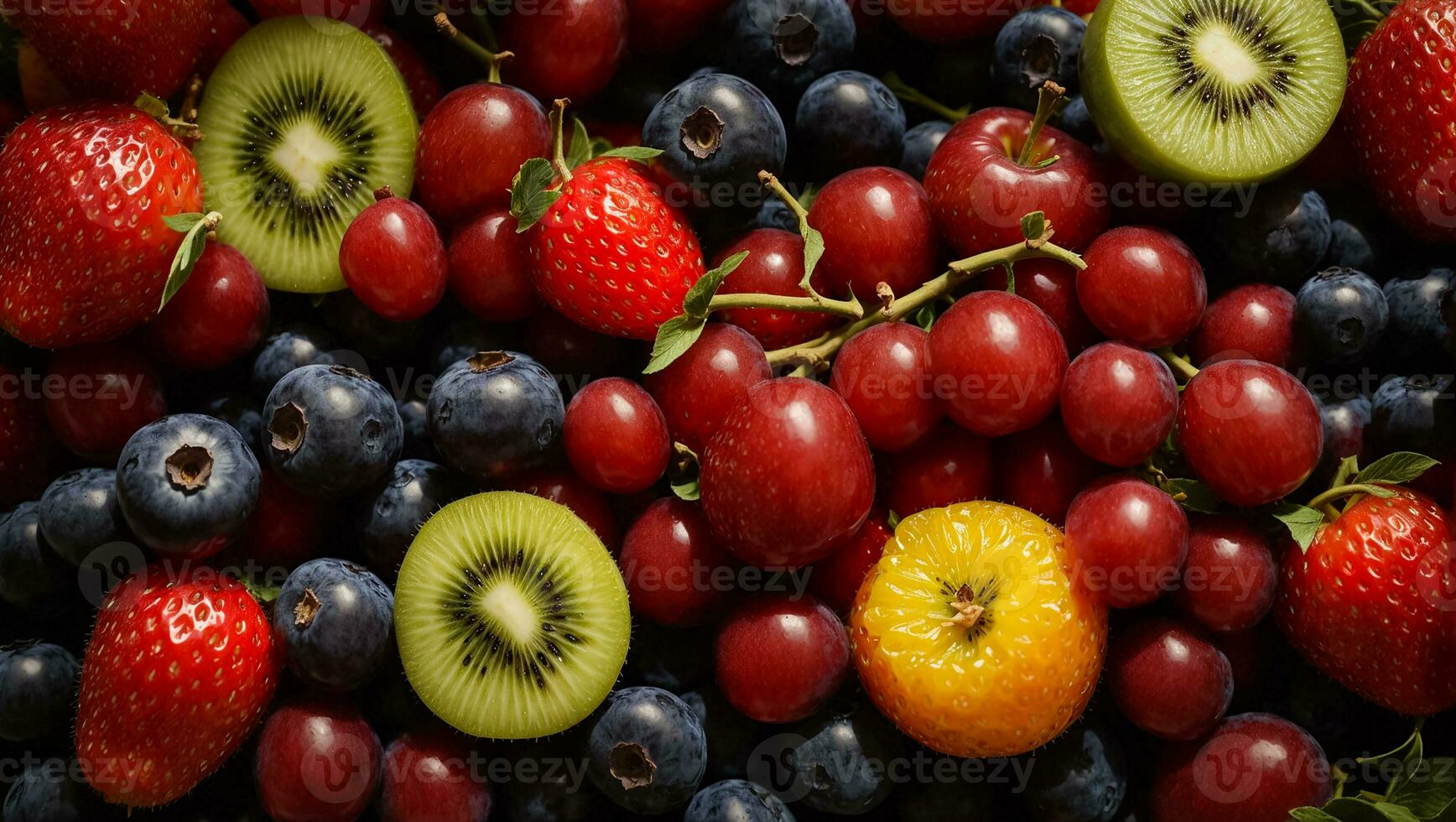 AI generated various fruits and berries on a dark background photo