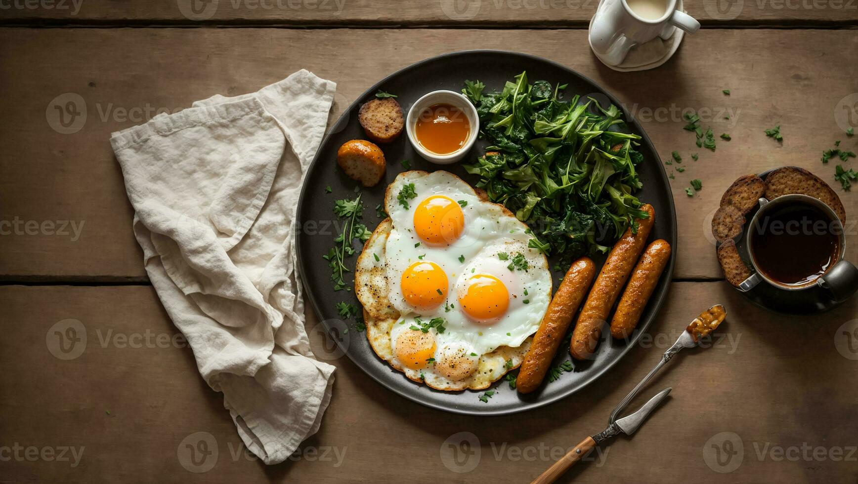 AI generated Delicious fried eggs with sausages on the kitchen table photo