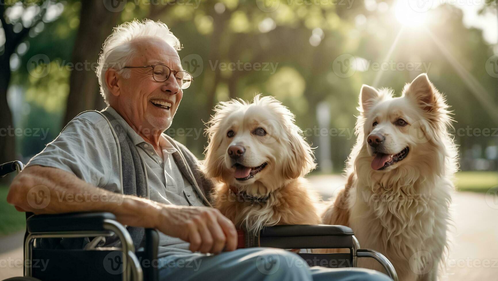 AI generated Elderly man in a wheelchair with a dog on the street photo