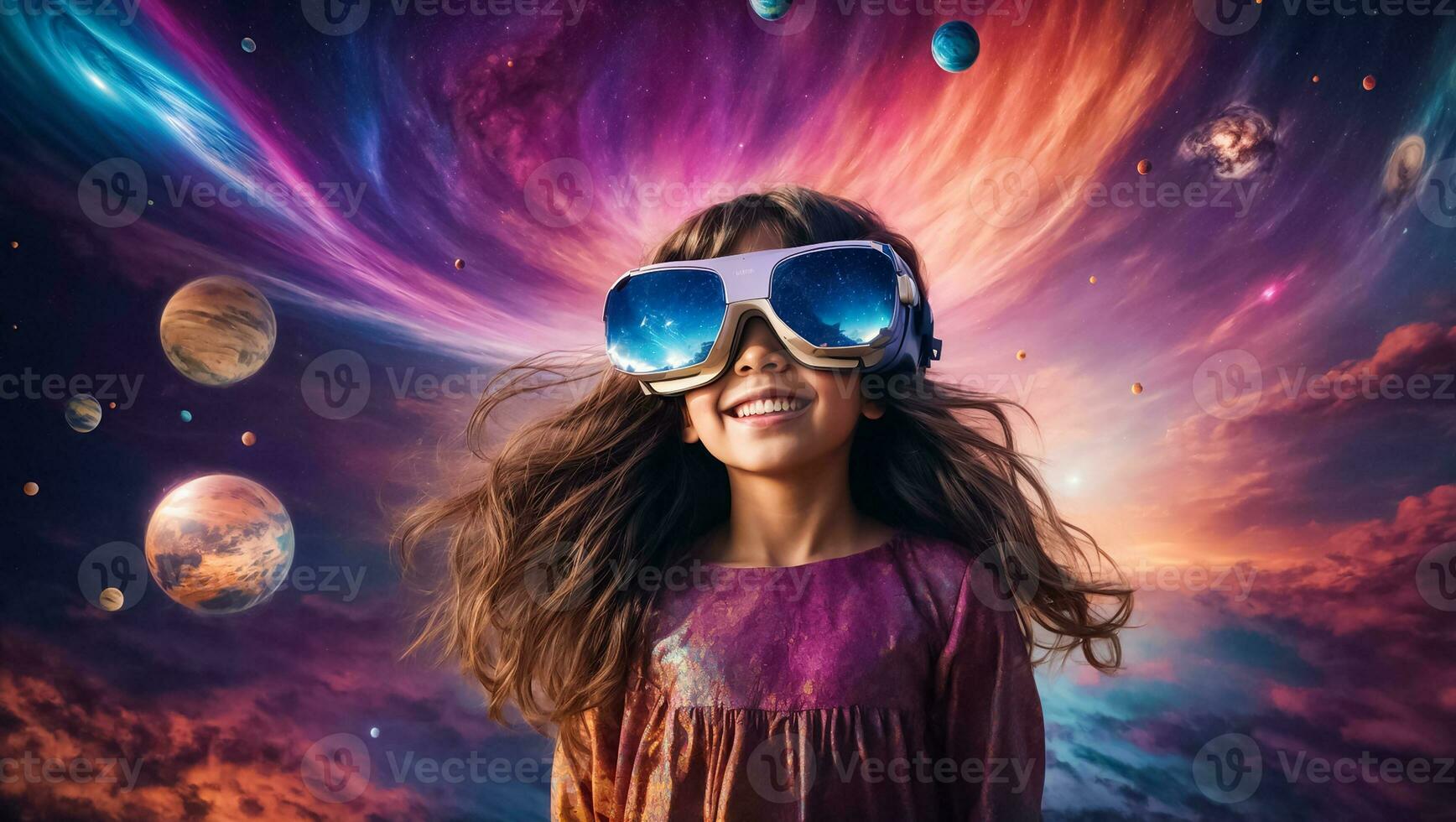 AI generated Little girl wearing virtual reality glasses photo