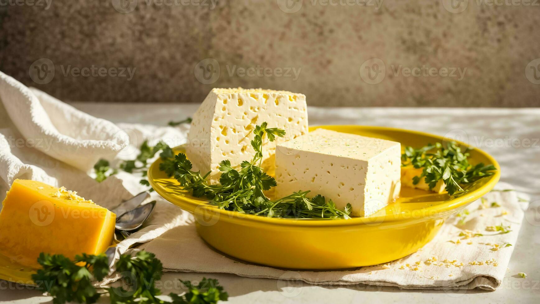 AI generated Fresh tofu cheese with parsley in the kitchen photo