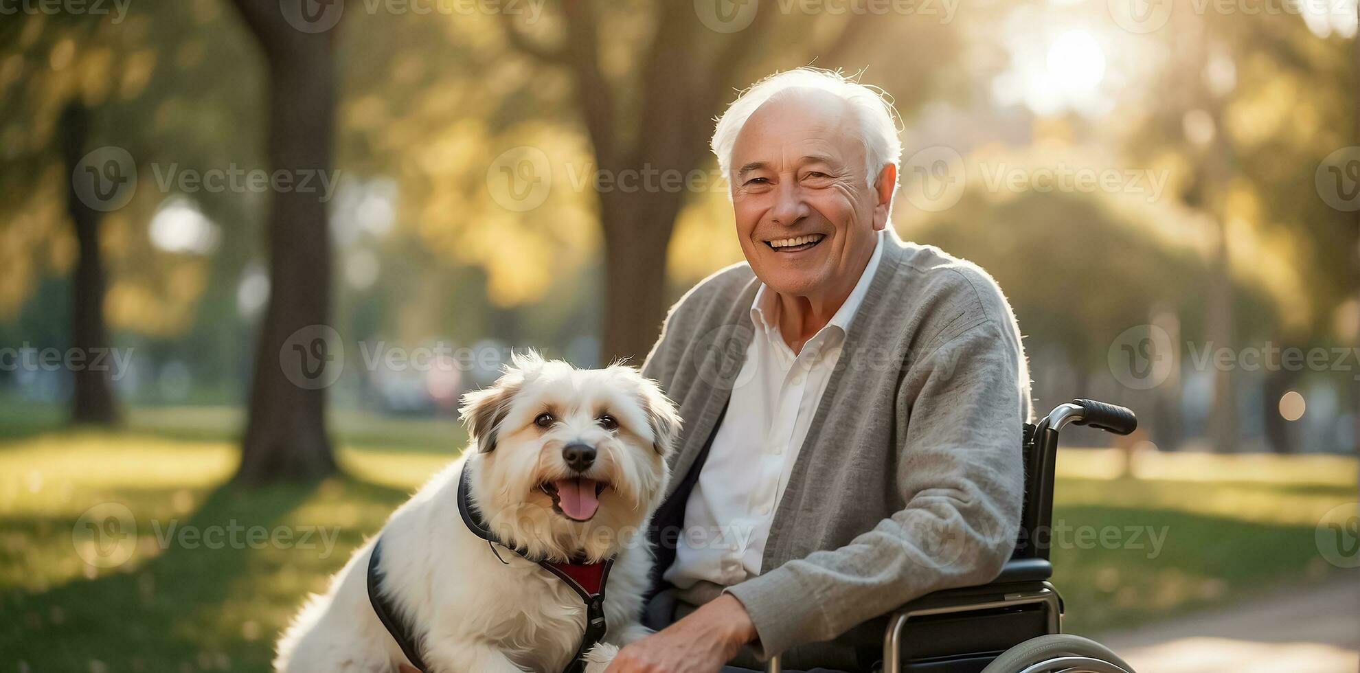 AI generated Elderly man in a wheelchair with a dog on the street photo