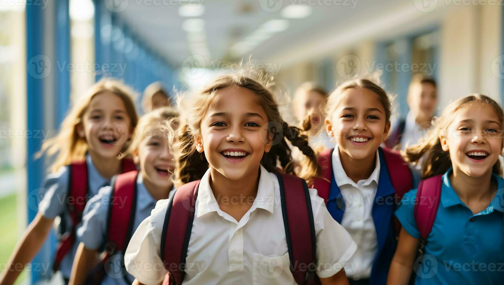 AI generated Happy schoolchildren running along the corridor photo