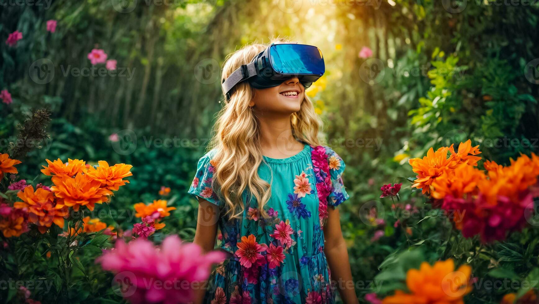 ai generado pequeño niña vistiendo virtual realidad lentes en el bosque, flores foto