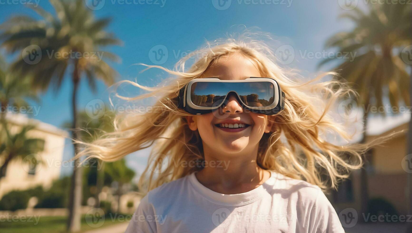 AI generated Girl in virtual reality glasses on the streets in summer photo