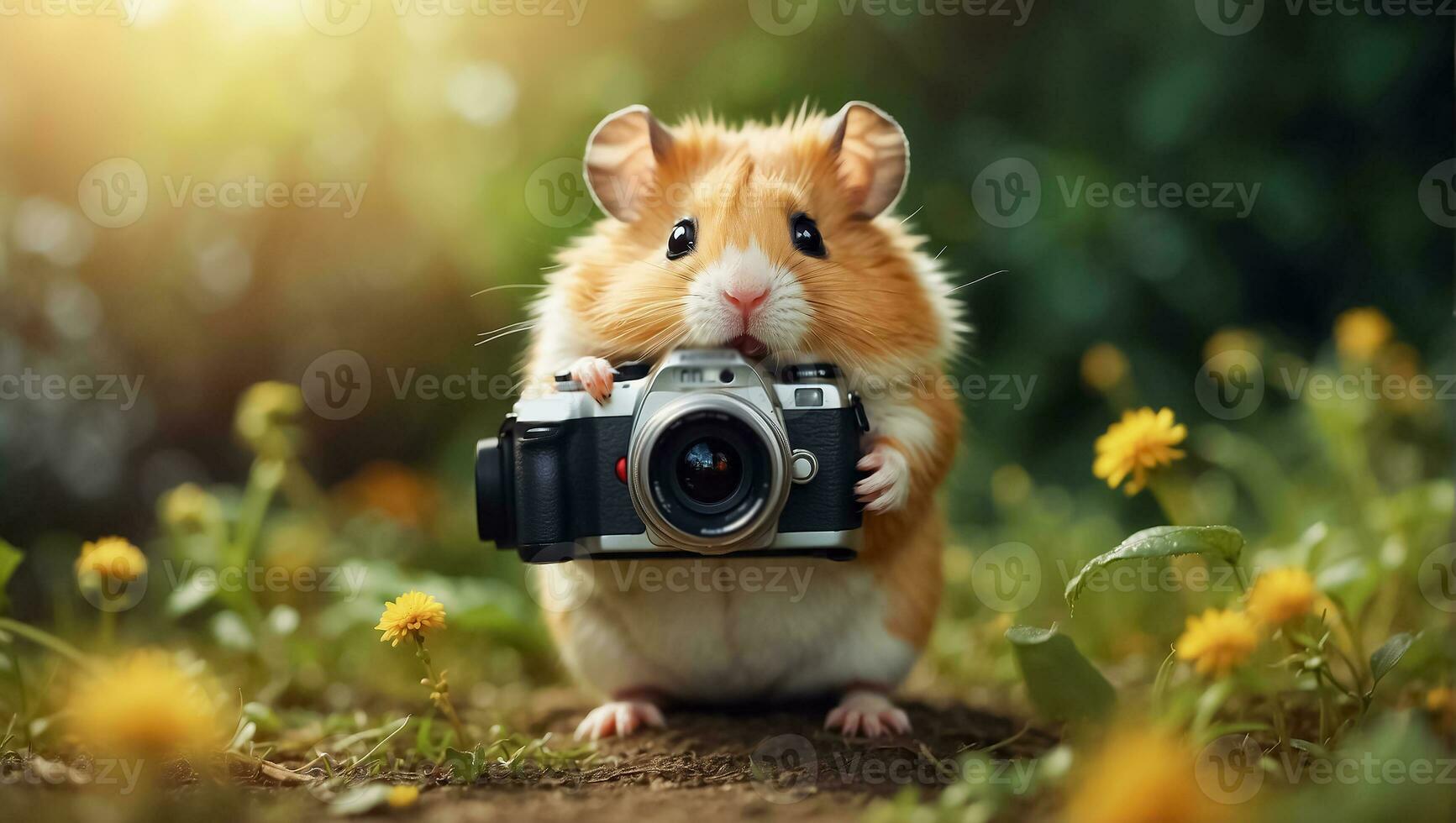 AI generated Cute funny hamster with a camera in the park photo