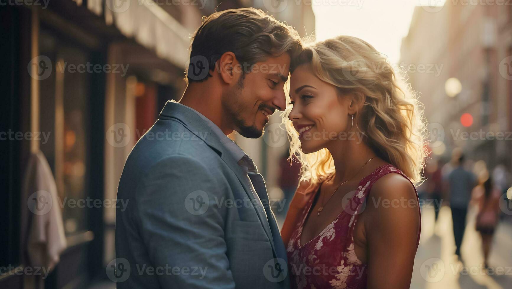 AI generated Couple in love, man and woman looking at each other on the street photo