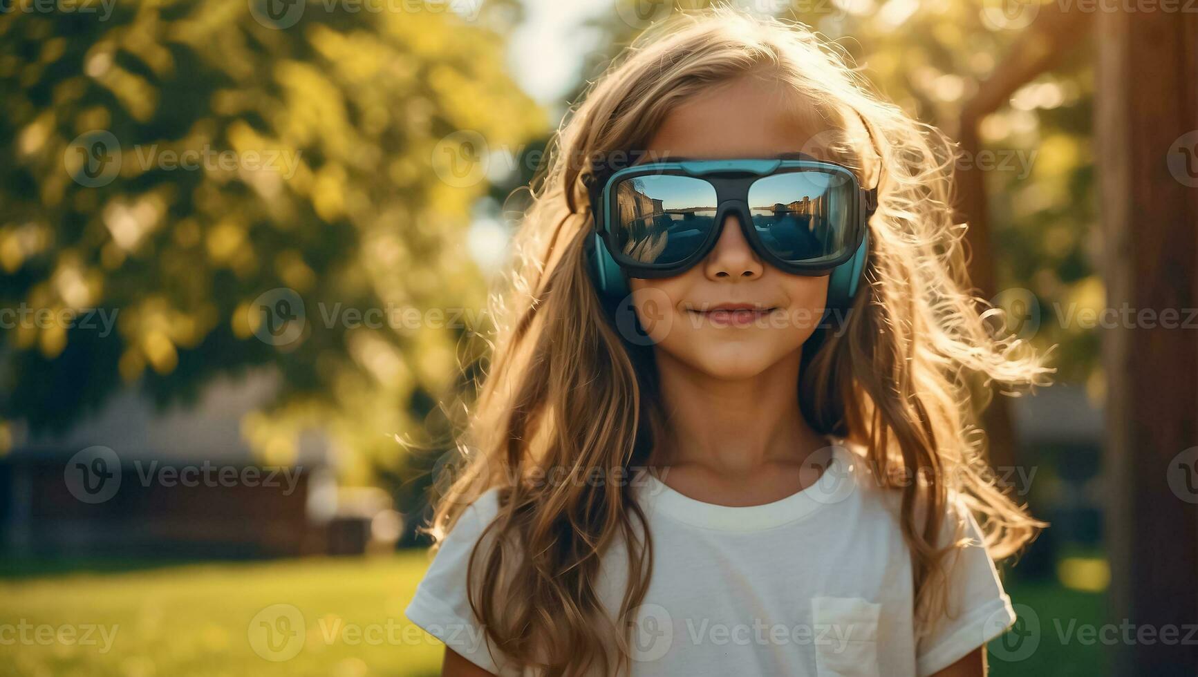 ai generado niña en virtual realidad lentes en el calles en verano foto