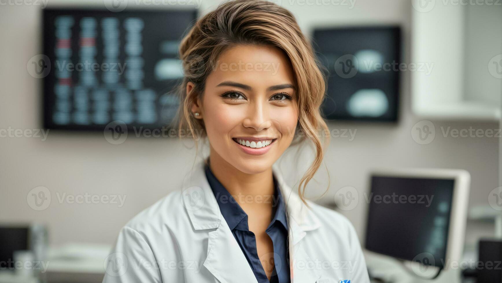 AI generated Beautiful smiling woman doctor in clinic photo