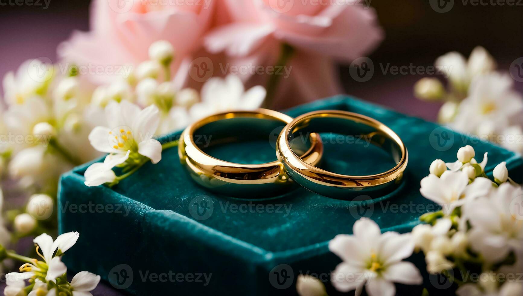 AI generated gold ring on a background of beautiful flowers anniversary photo