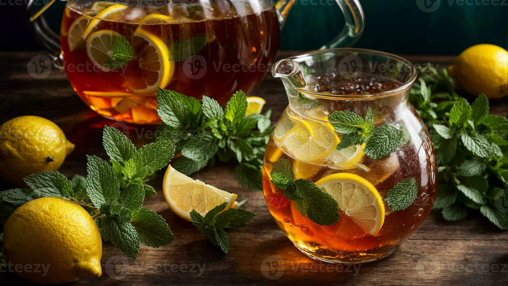 AI generated Cold tea with lemon and mint on the table in glass photo