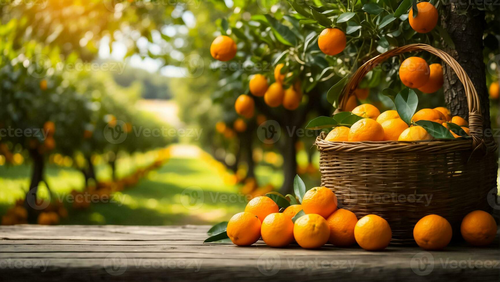 AI generated Basket with fresh oranges on a background of trees photo