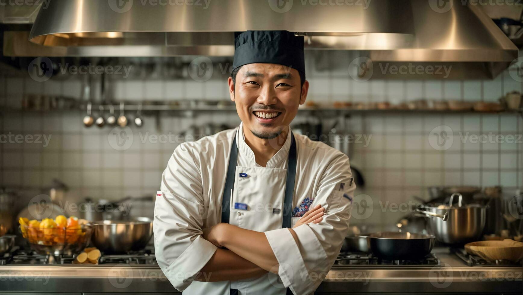 AI generated Happy asian male cook in kitchen photo