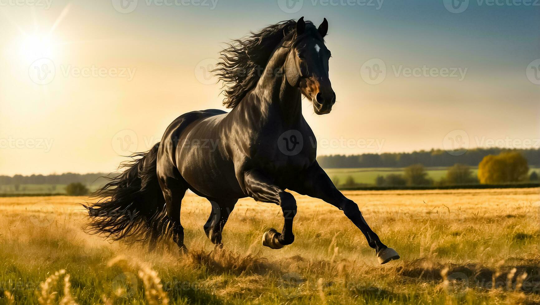 ai generado hermosa oscuro caballo carreras en naturaleza foto