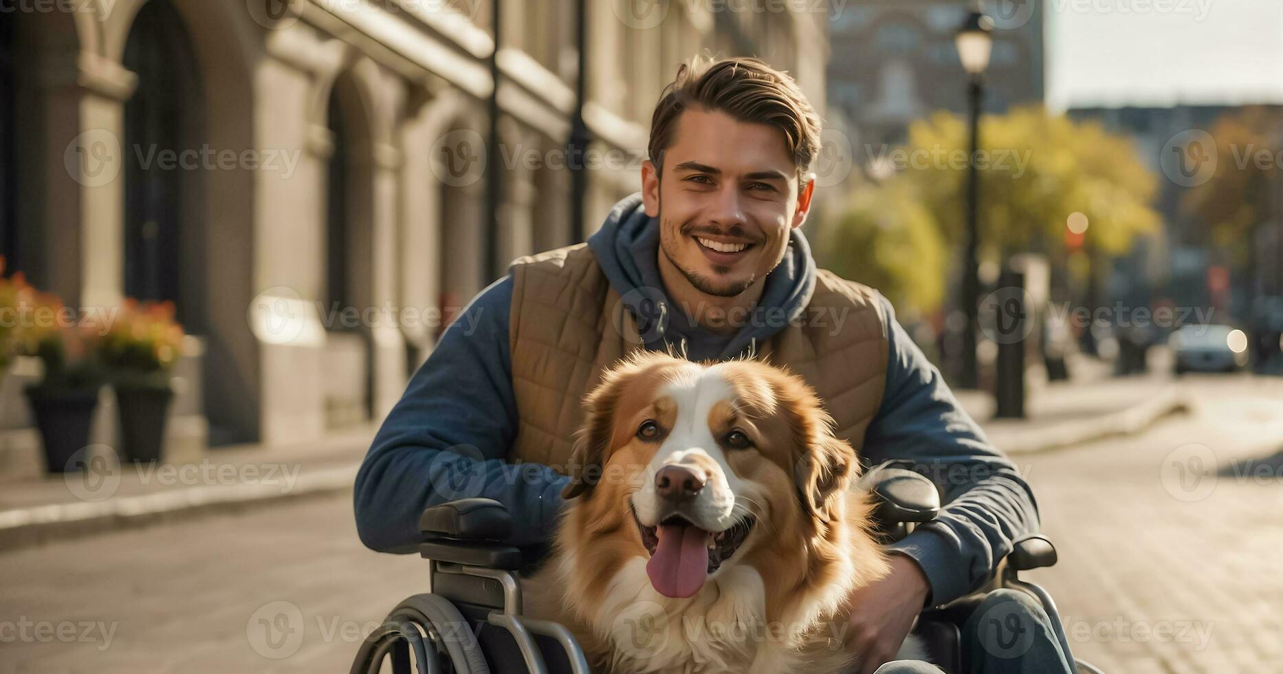 AI generated Man in a wheelchair with a dog on the street photo