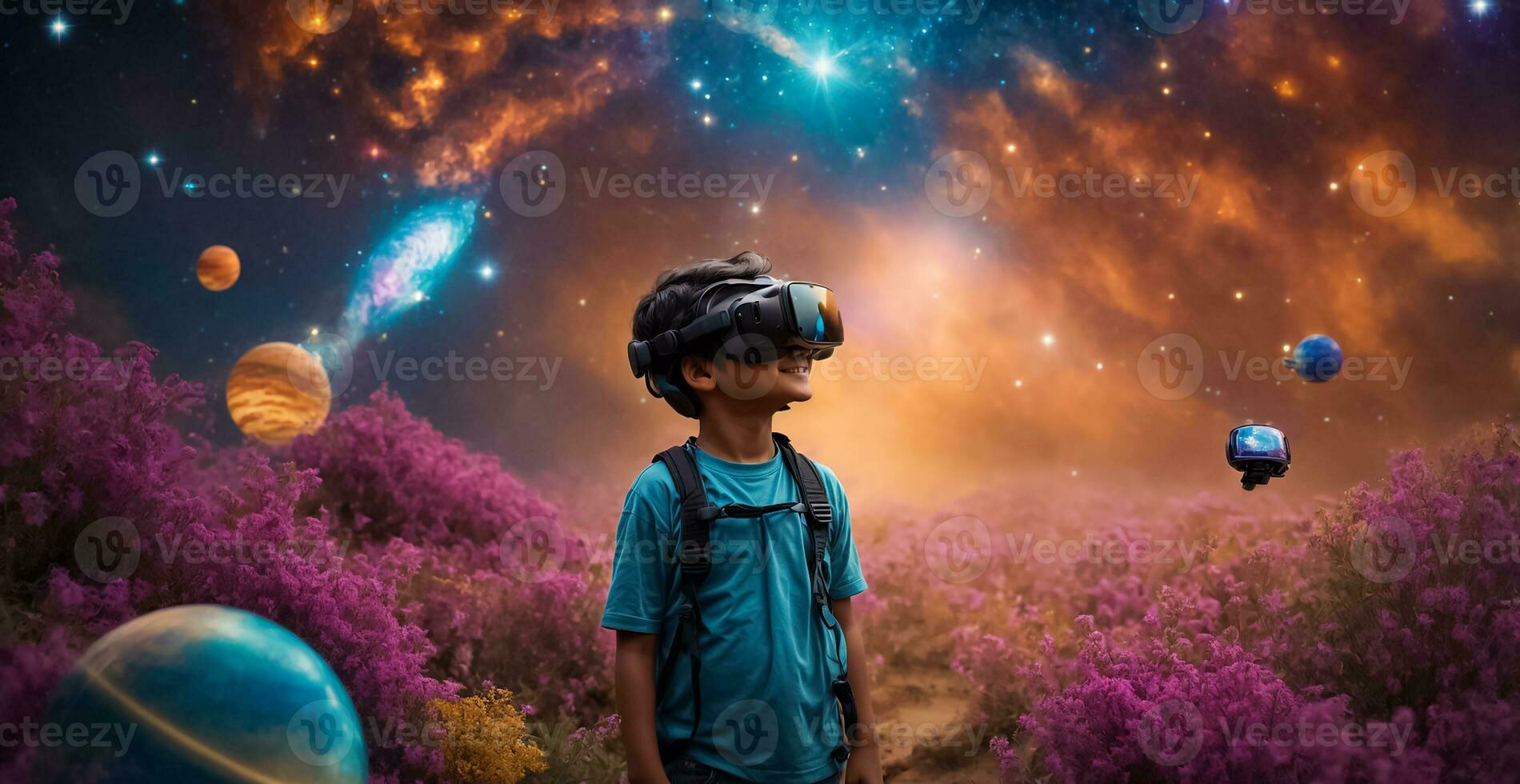 ai generado pequeño chico en virtual realidad lentes foto