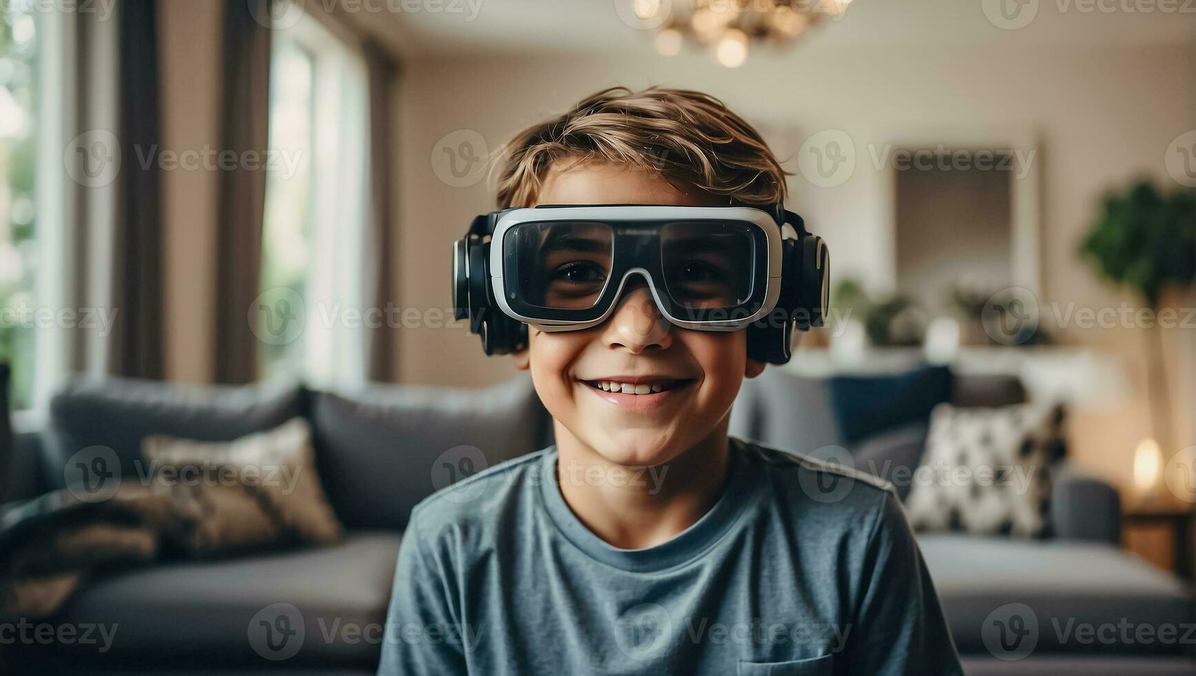 AI generated boy wearing virtual reality glasses at home photo