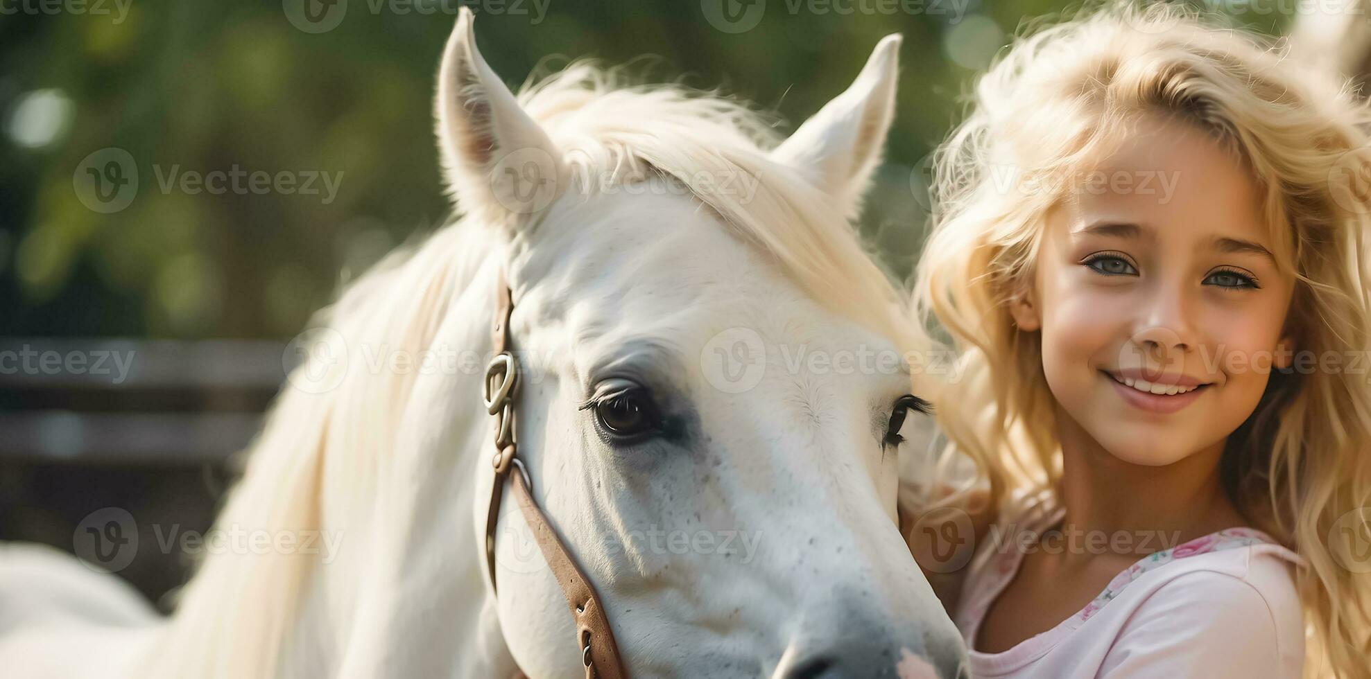 AI generated Portrait of a little girl with a horse in nature photo