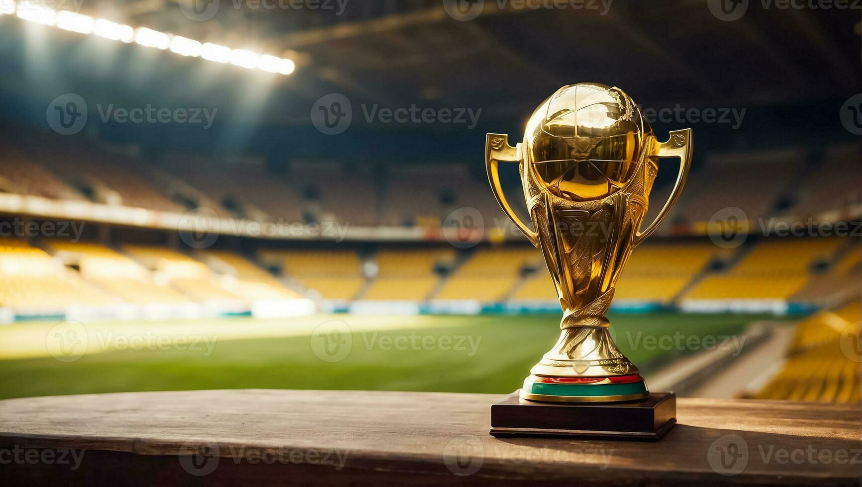 AI generated football championship gold cup at the stadium photo